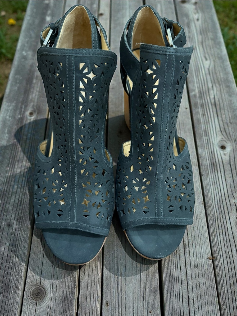 Franco Sarto Navy Laser-Cut Peep Toe Ankle Strap Heels